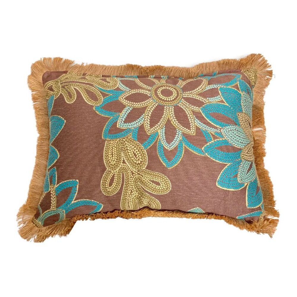 Large Rectangular Brown and Turquoise Floral Pillow With Jute Fringe